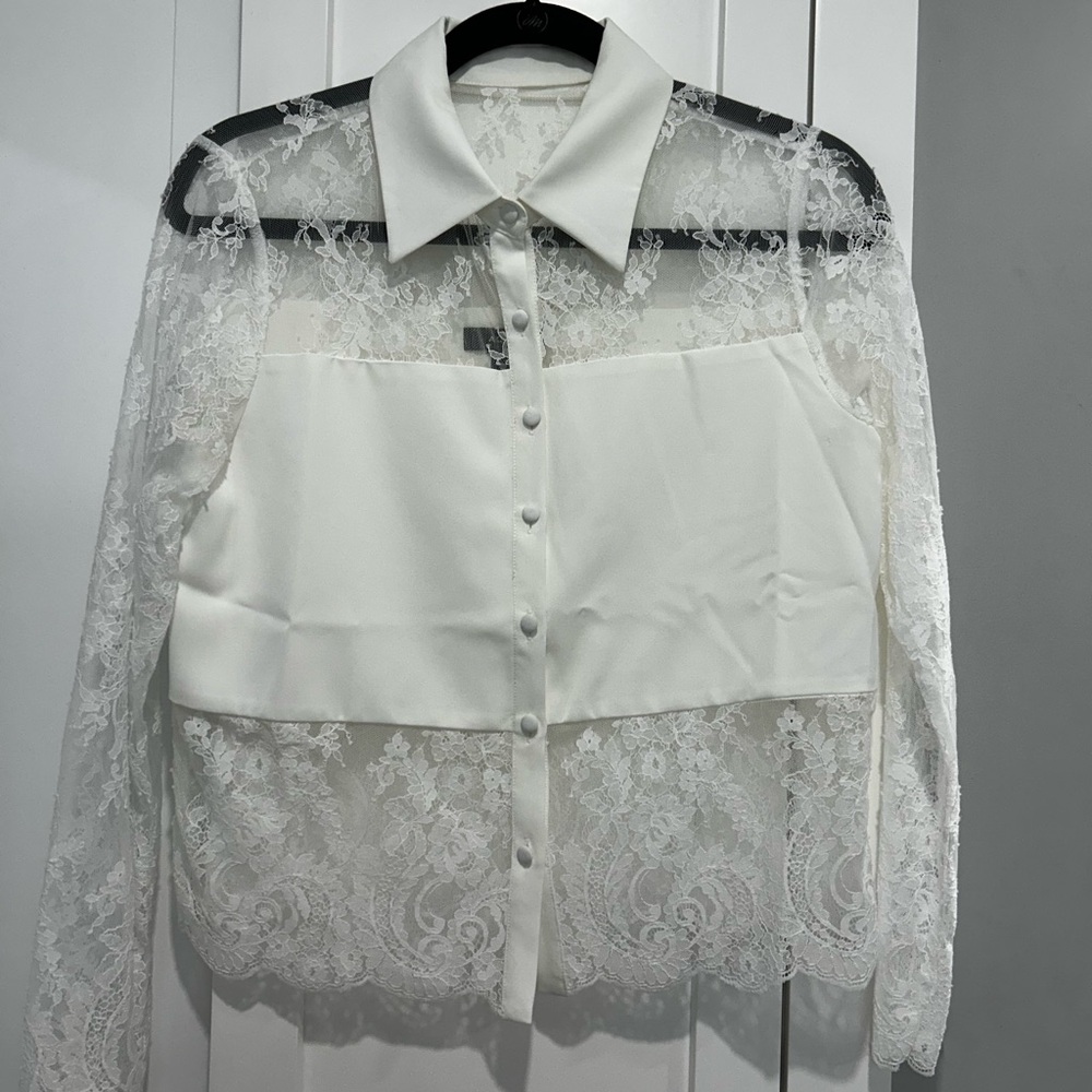 Aqua White Lace Button Down Blouse